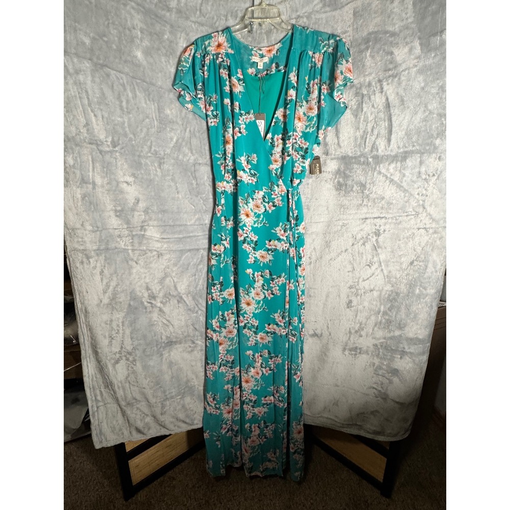 Eva Mendes NY&C Teal Floral Wrap Maxi Dress Flutter Sleeve XXL NWT